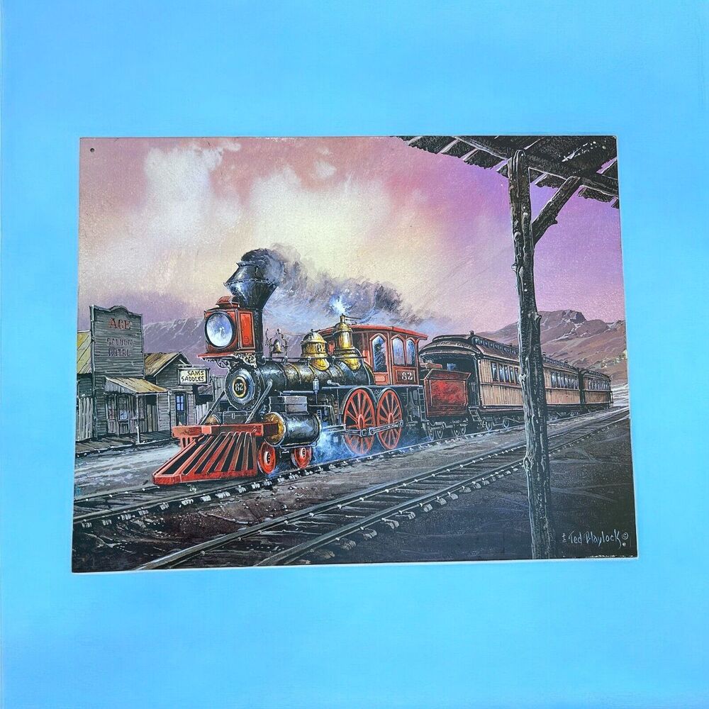 VTG Ted Blaylock Lithograph Steel Metal Sign #82 Rolling Thru Locomotive Train